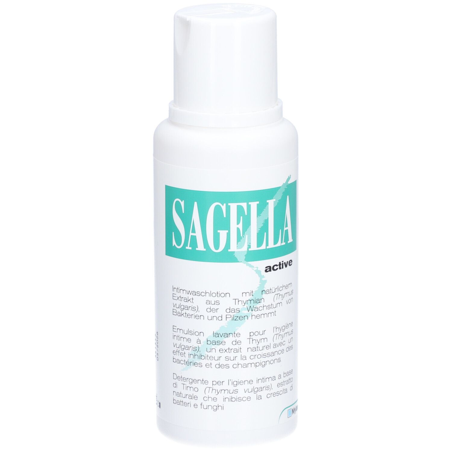 Weiße Flasche mit grünem Etikett. Aufschrift: Sagella active. Text in Deutsch, Italienisch, Französisch.