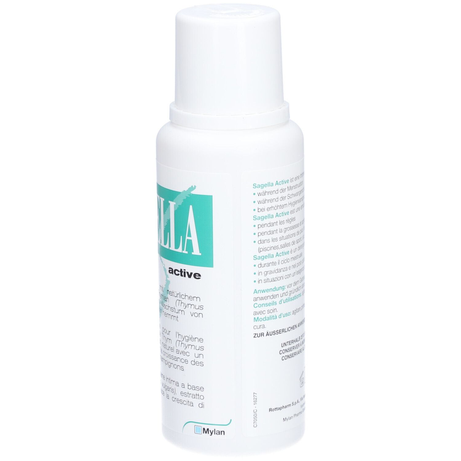 Weiße Flasche mit grünem Etikett. Aufschrift: Sagella active. Text in Deutsch, Italienisch, Französisch.