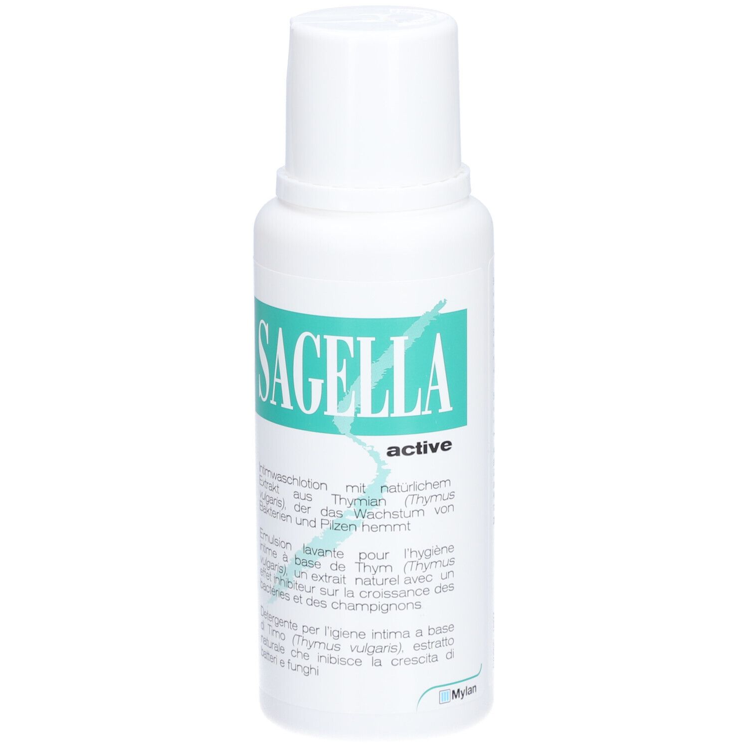 Weiße Flasche mit grünem Etikett. Aufschrift: Sagella active. Text in Deutsch, Italienisch, Französisch.