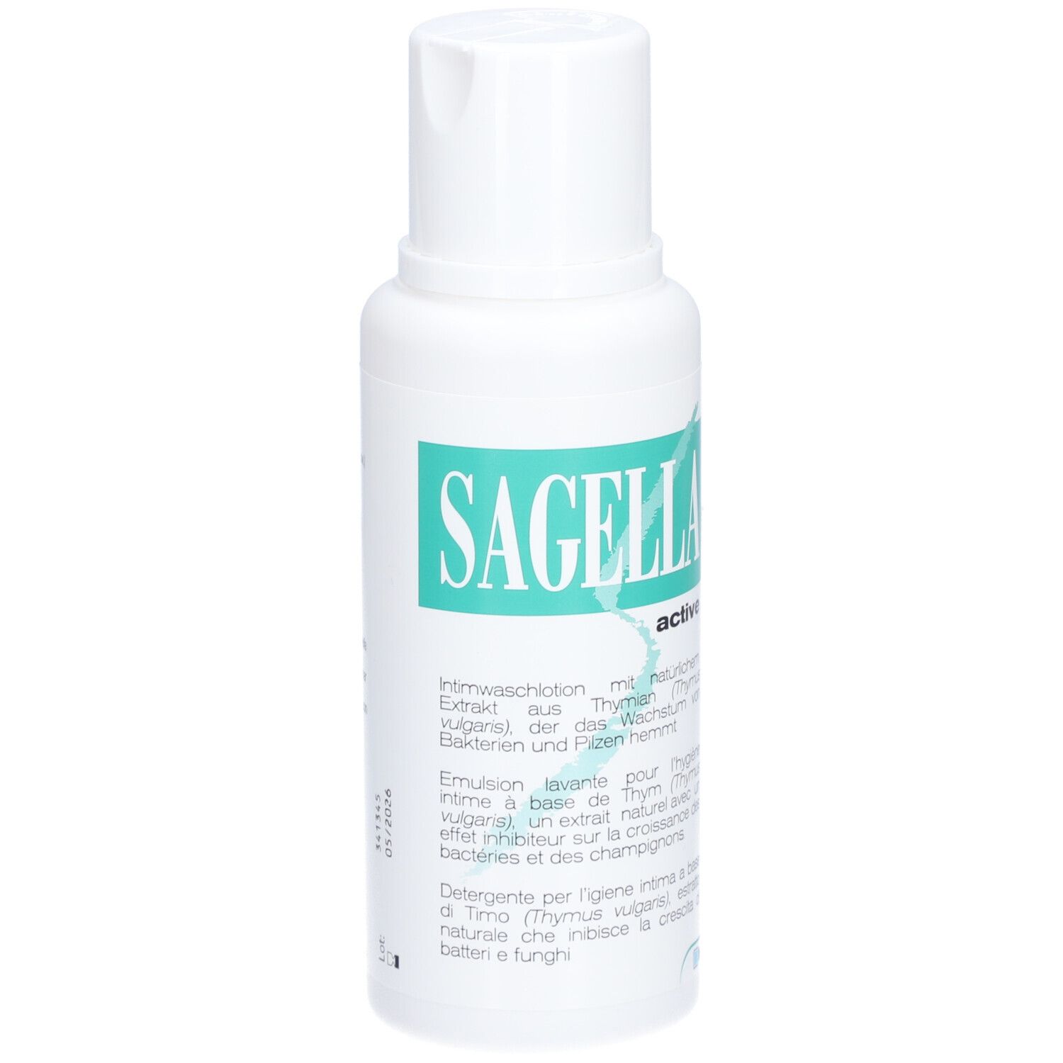 Weiße Flasche mit grünem Etikett. Aufschrift: Sagella active. Text in Deutsch, Italienisch, Französisch.