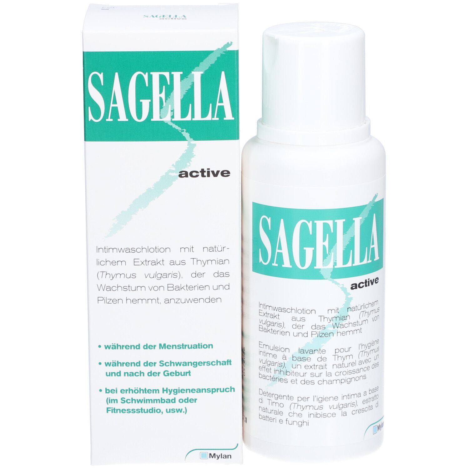 Produktverpackung und Flasche. Aufschrift: Sagella active. Text in Deutsch, Italienisch, Französisch. Grün-weiß.