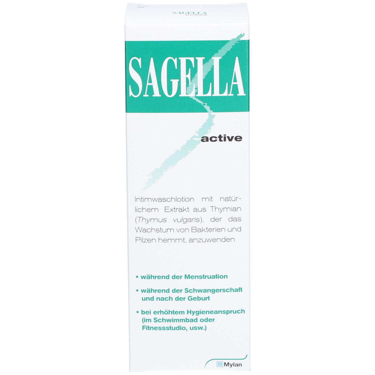 Produktverpackung. Aufschrift: Sagella active. Text in Deutsch, Italienisch, Französisch. Grün-weiß.