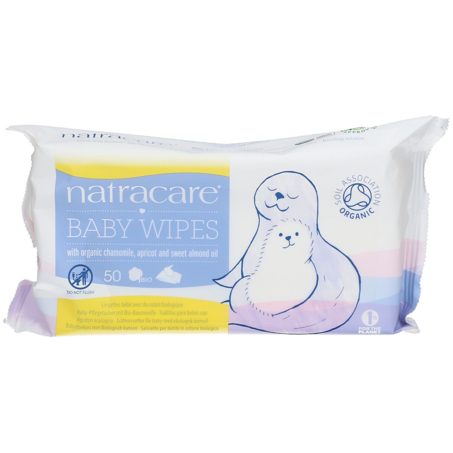 Packung Baby-Feuchttücher mit Logo, Siegel und Illustration. Enthält 50 Tücher.
