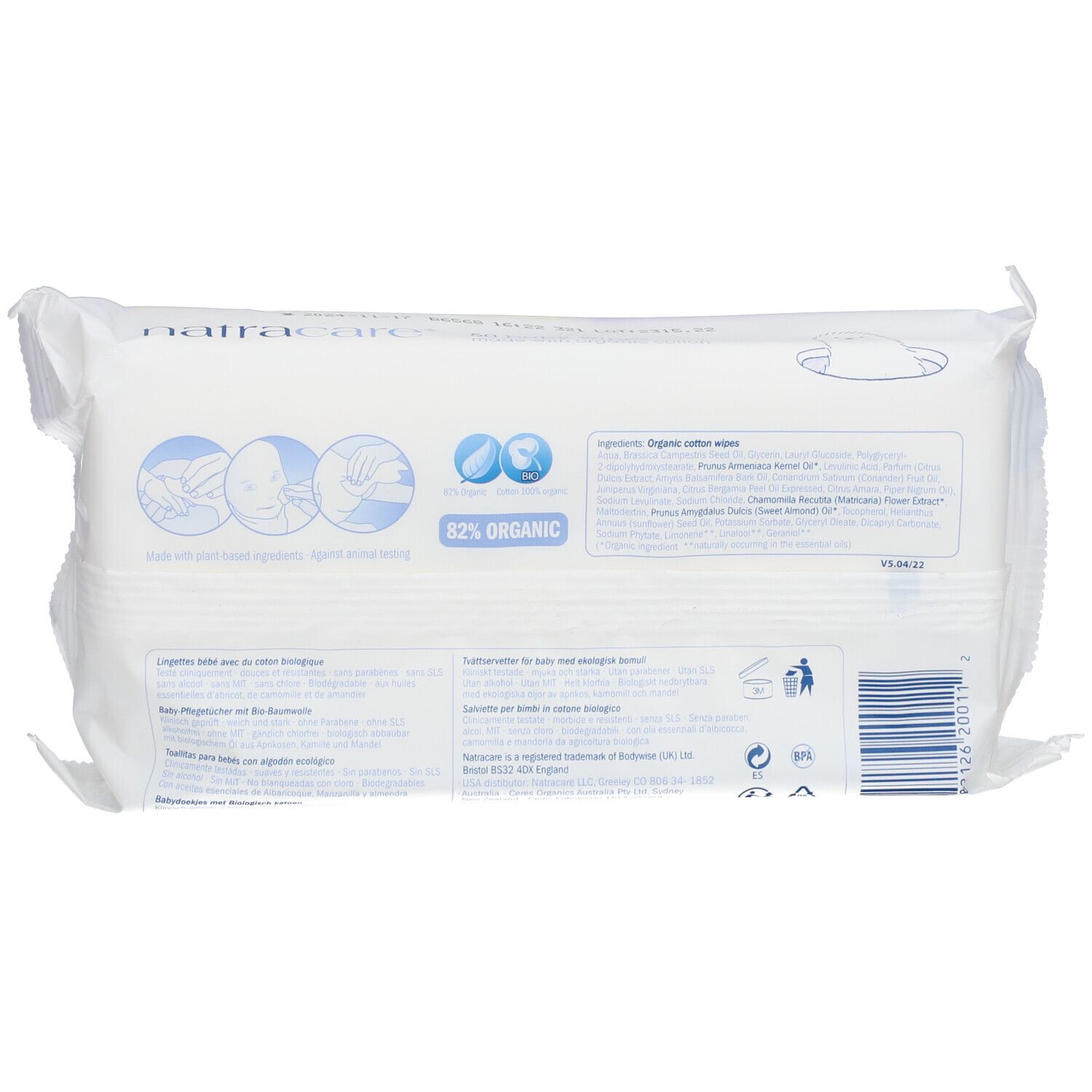 Rückseite der Baby-Feuchttücher-Verpackung mit Text und Symbolen. 82% organisch.