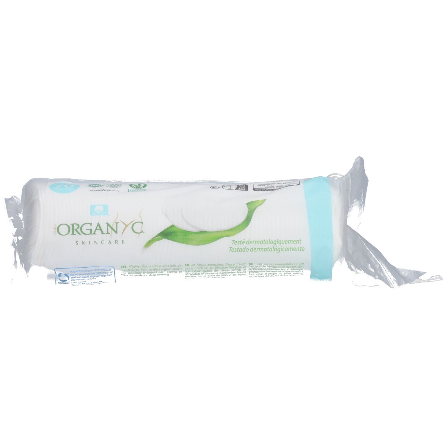 Organyc Wattepads in Folienverpackung. Zertifizierte Bio-Baumwolle. Grün-weiße Verpackung mit Produktlogo und Text.