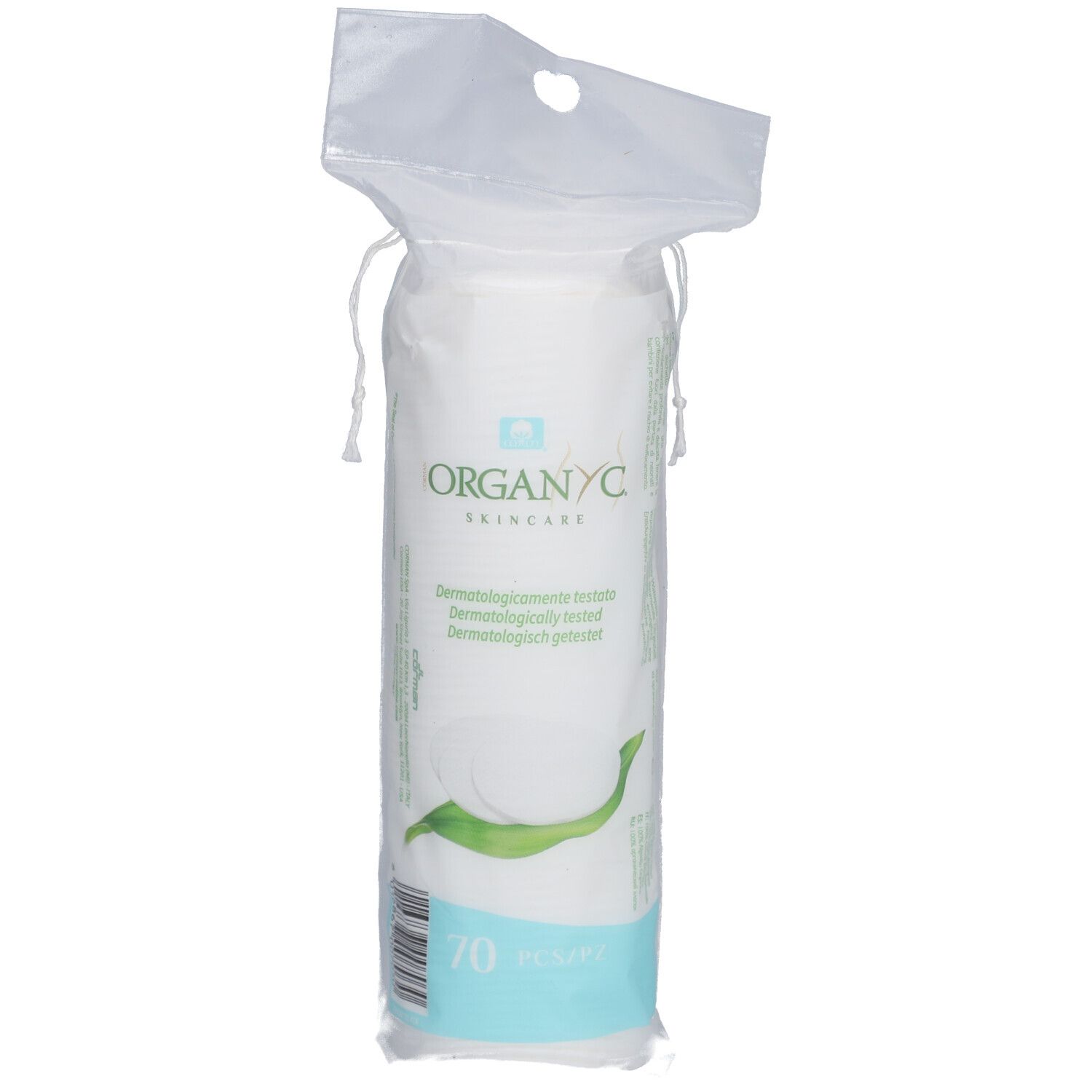 Organyc Wattepads in transparenter Verpackung. 70 Stück. Zertifizierte Bio-Baumwolle. Grün-weiße Verpackung mit Logo.
