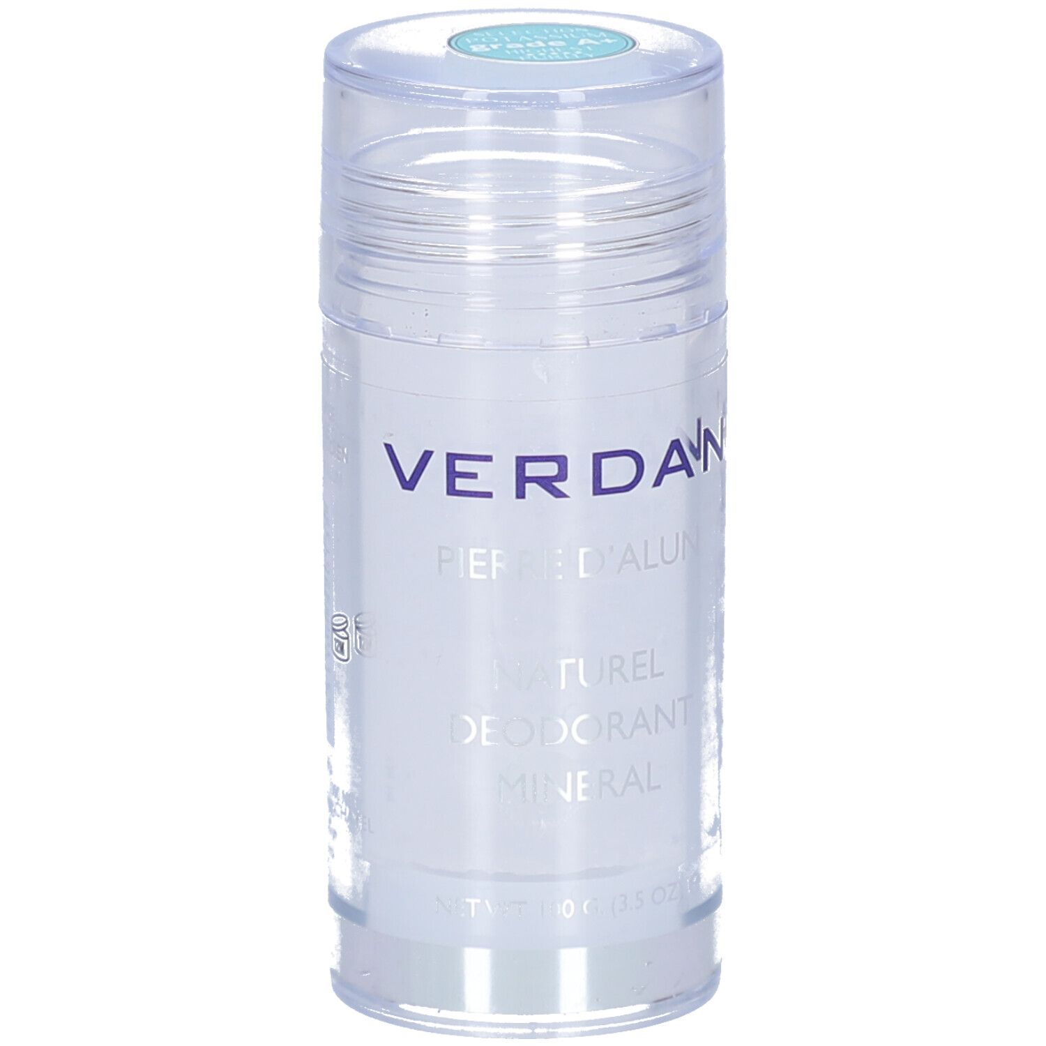 Deo-Stick mit transparentem Deckel. Aufschrift VERDAN, Pierre d'alun, Naturel, Déodorant minéral. Türkisfarbener Deckel.