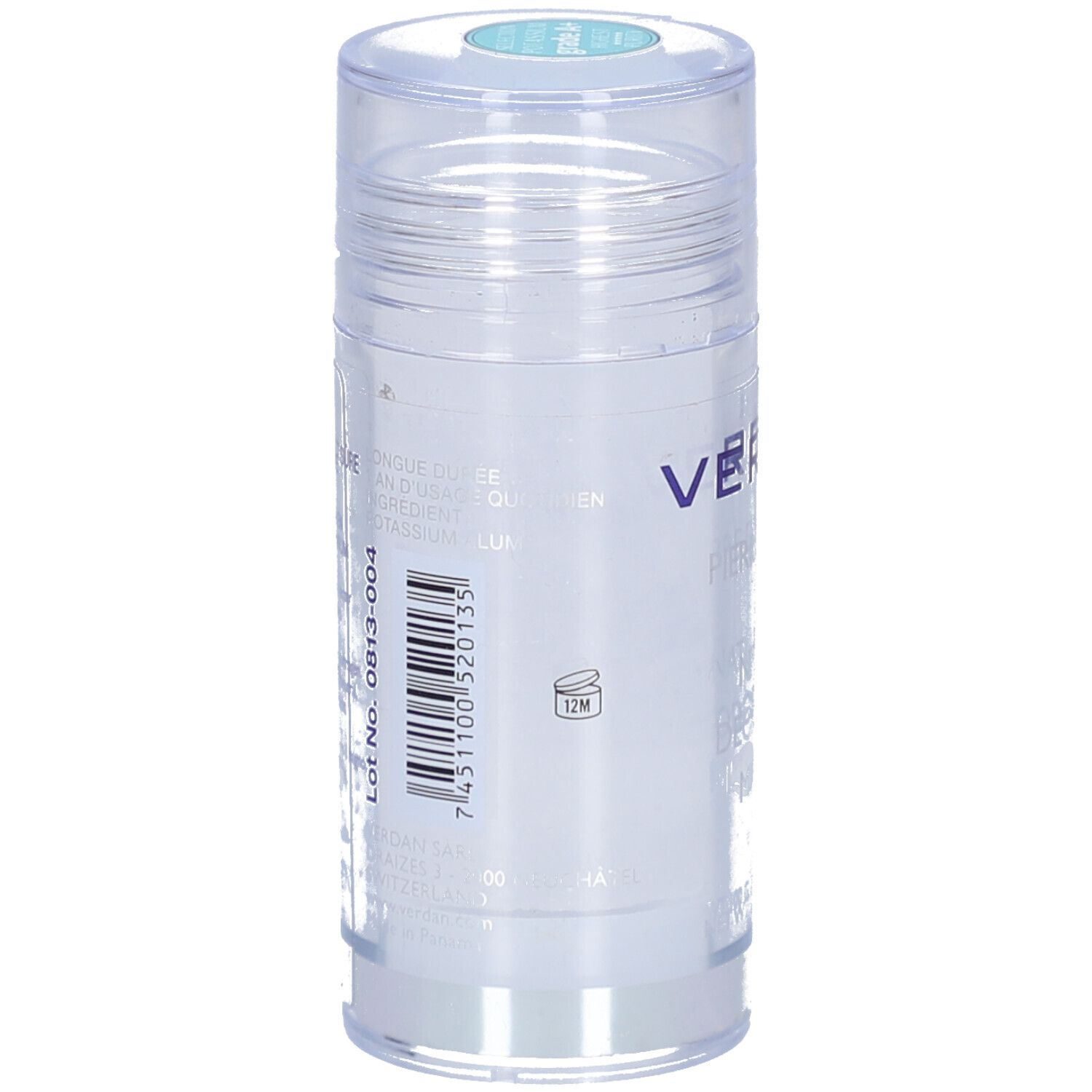 Deo-Stick mit transparentem Deckel. Rückseite mit Text und Barcode. Aufdruck 12M. Lot-Nr. 0813-004.