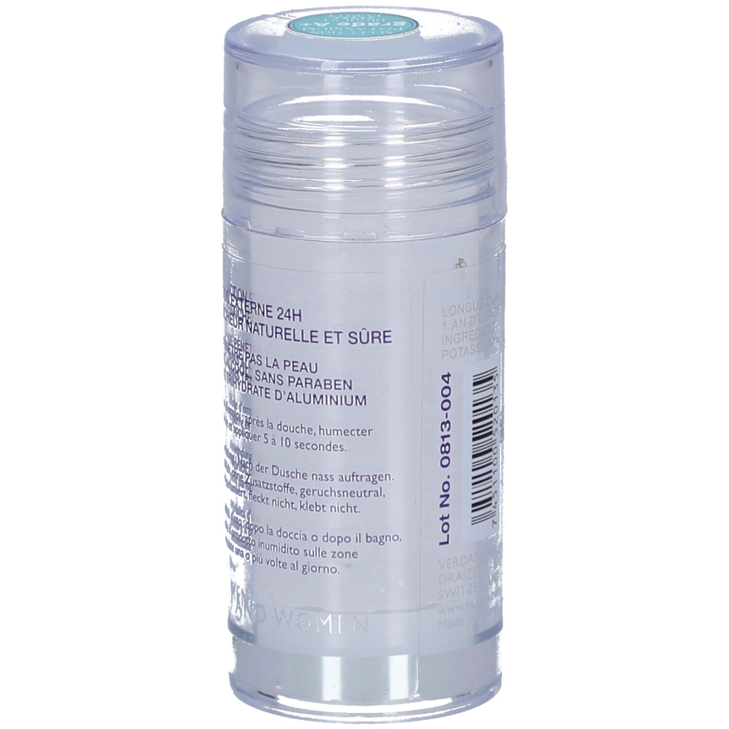 Deo-Stick mit transparentem Deckel. Text auf Französisch und Deutsch. Aufdruck: Externe 24H, Naturelle et sûre, sans paraben.