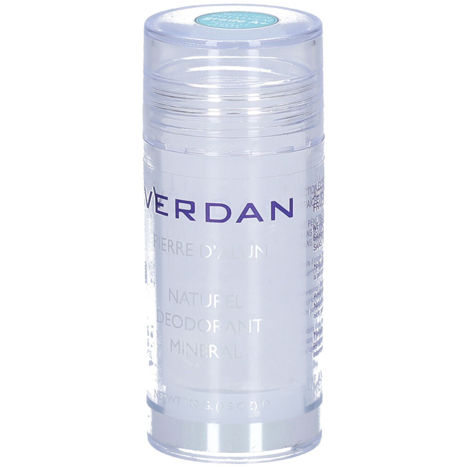 Deo-Stick mit transparentem Deckel. Aufschrift VERDAN, Pierre d'alun, Naturel, Déodorant minéral. Türkisfarbener Deckel.