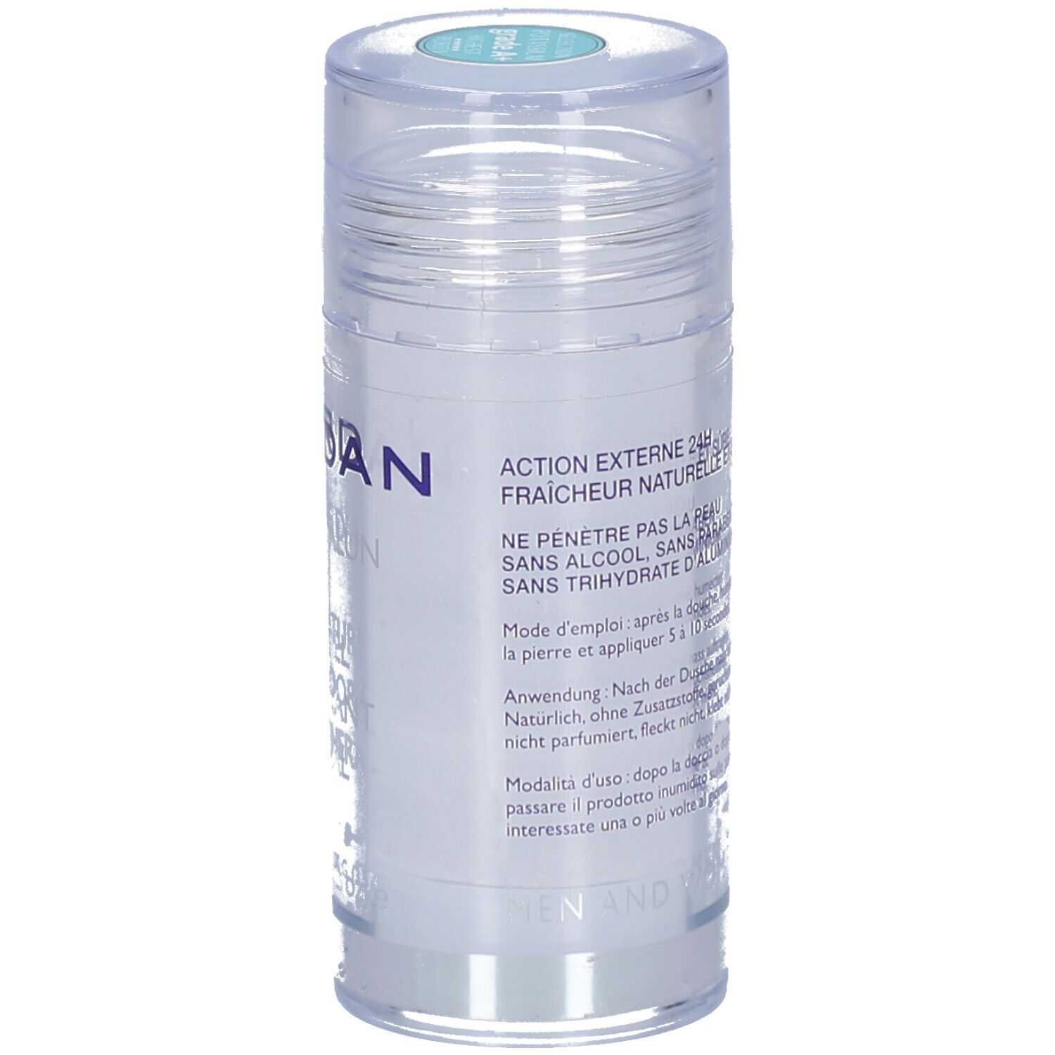 Deo-Stick mit transparentem Deckel. Text auf Französisch und Deutsch. Aufdruck: Action externe 24H, sans alcool, sans trihydrate.