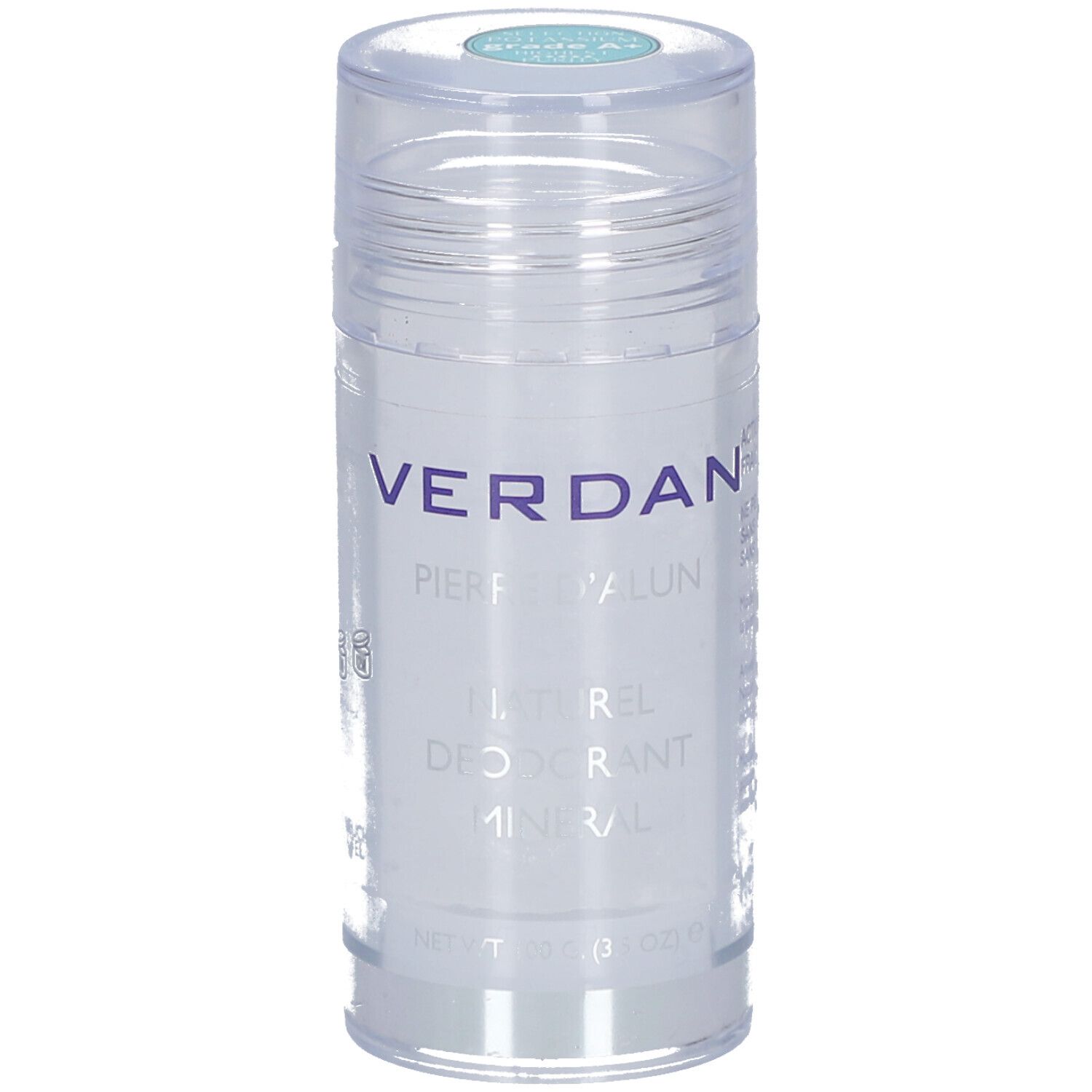 Deo-Stick mit transparentem Deckel. Aufschrift VERDAN, Pierre d'alun, Naturel, Déodorant minéral. Türkisfarbener Deckel.