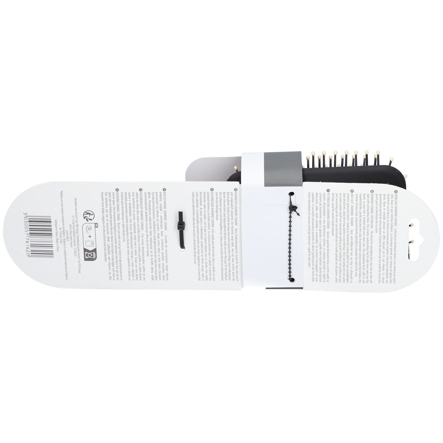 Dos de l'emballage de la brosse à cheveux BABYLISS Expert. Texte et code-barres sur fond blanc. Dispositif de suspension.