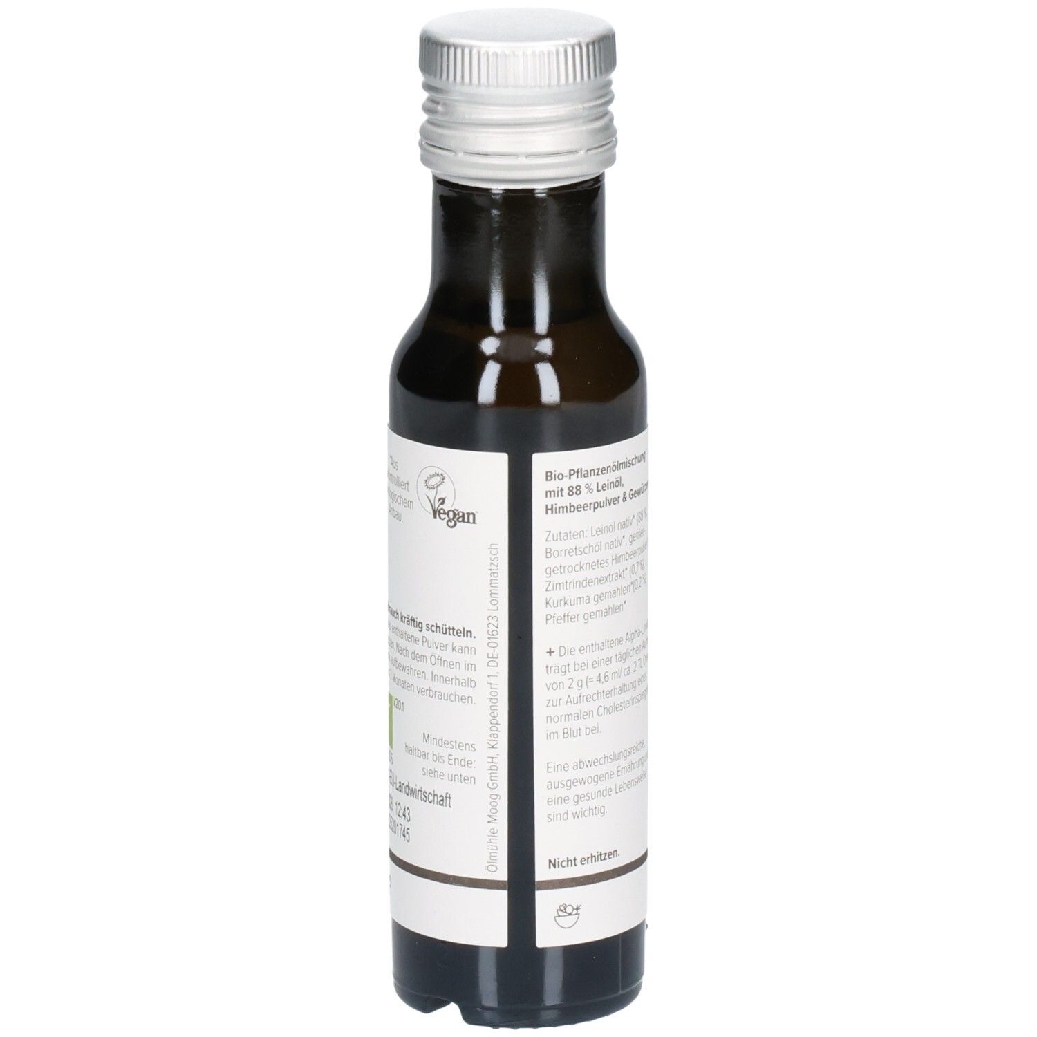 Rückseite der Flasche. Etikett mit Zutatenliste und Nährwertangaben. Vegan-Logo und Bio-Siegel.