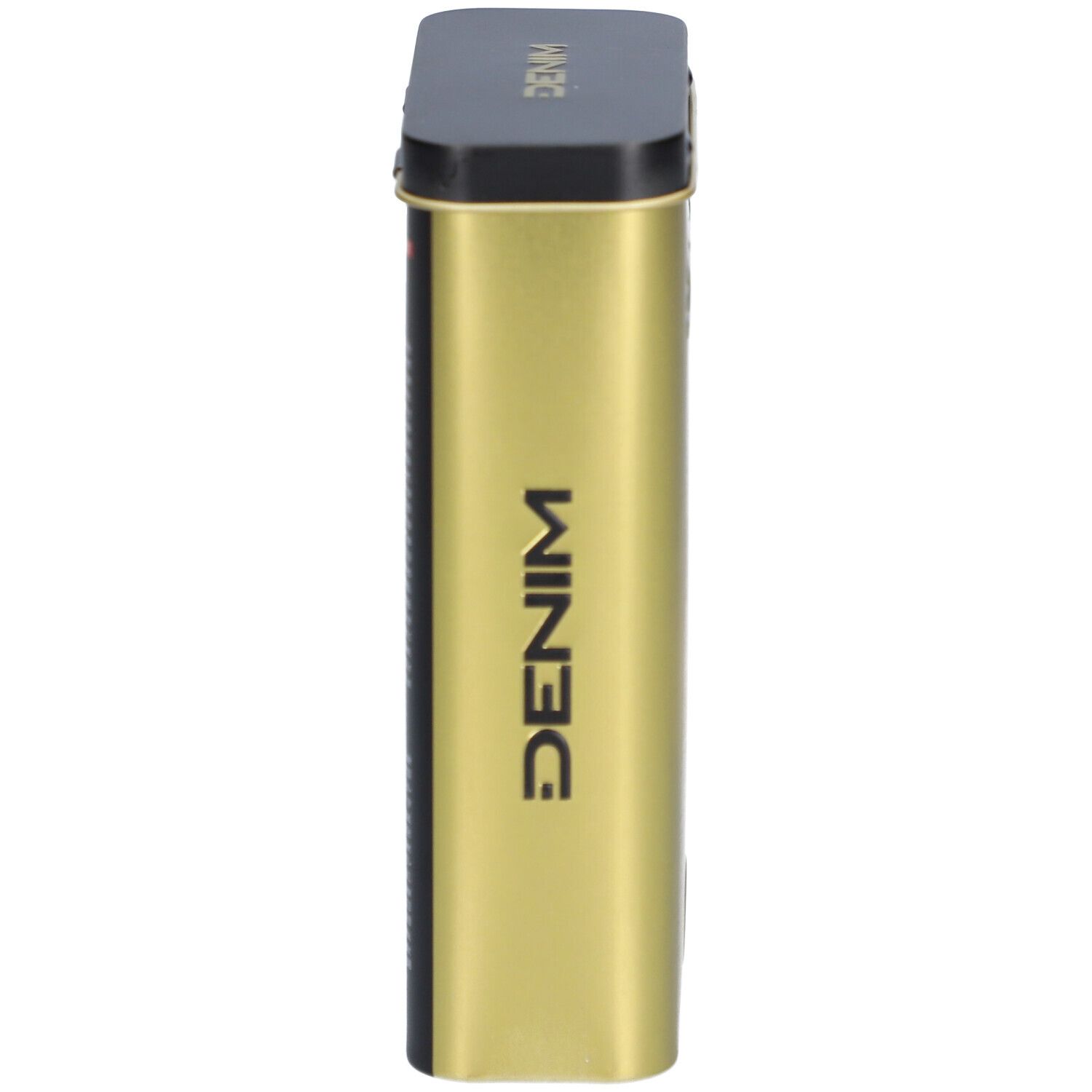 Goldene, rechteckige Dose mit schwarzem Deckel. Auf der Dose steht DENIM.