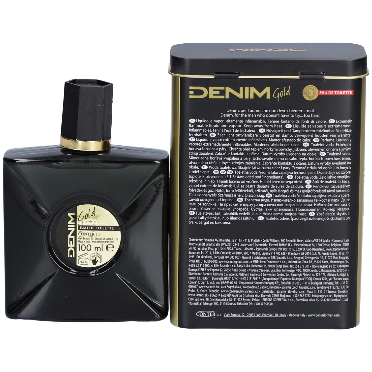 Schwarzer Flakon und goldene Dose. Auf der Dose steht DENIM Gold Eau de Toilette. Flakon mit schwarzem Verschluss.