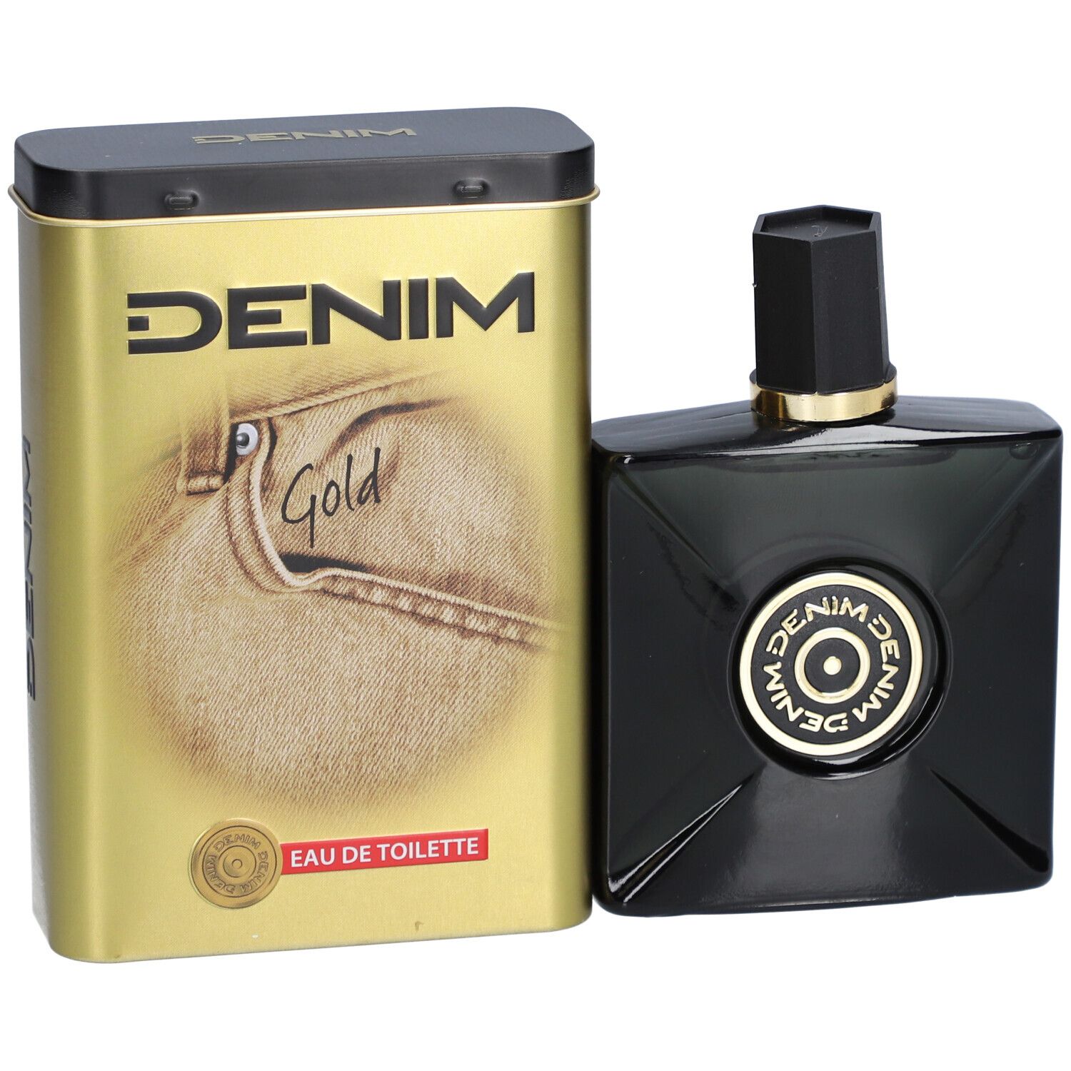 Schwarzer Flakon und goldene Dose. Auf der Dose steht DENIM Gold Eau de Toilette. Flakon mit schwarzem Verschluss.