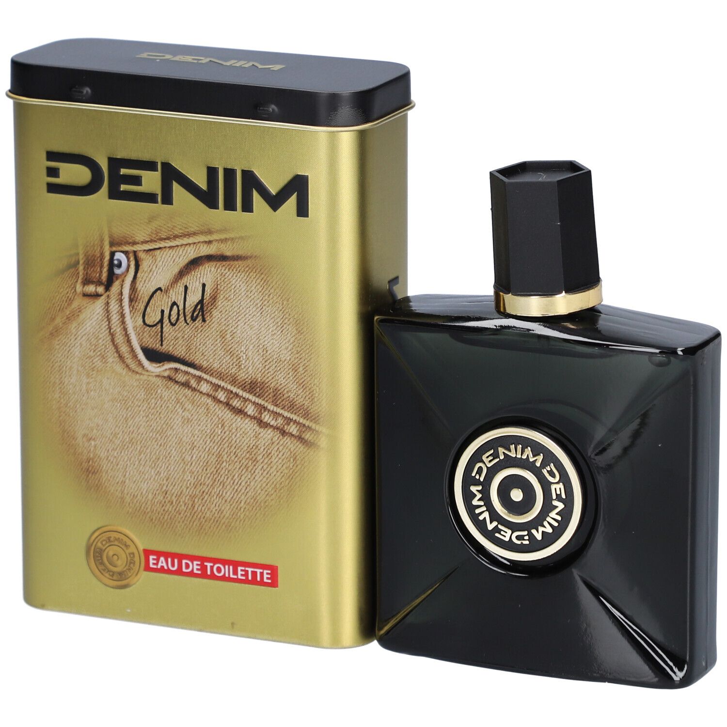 Schwarzer Flakon und goldene Dose. Auf der Dose steht DENIM Gold Eau de Toilette. Flakon mit schwarzem Verschluss.