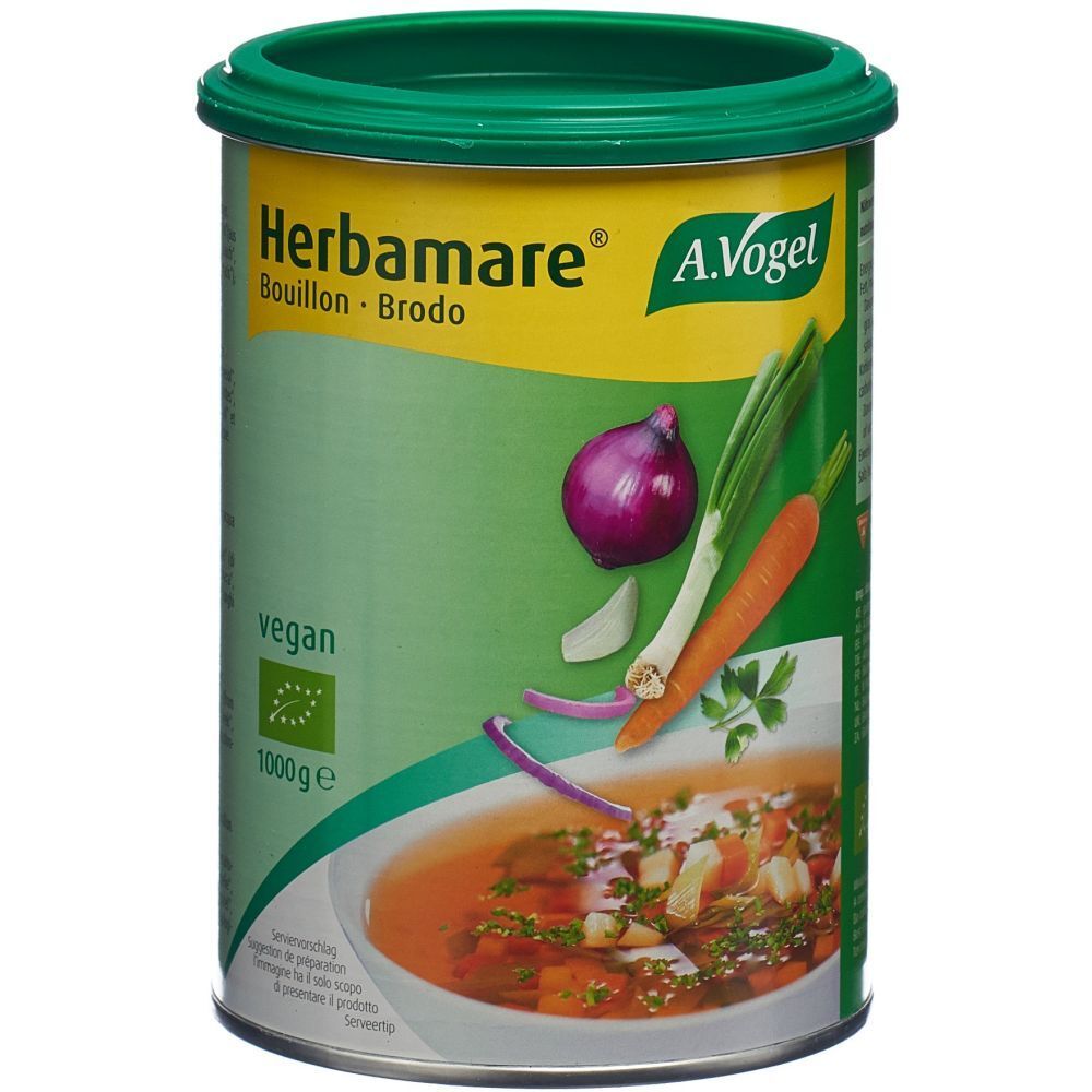 Grüne Dose mit Herbamare Bouillon. Vegan, Bio-Organic. Gemüse-Illustration. A. Vogel Logo.