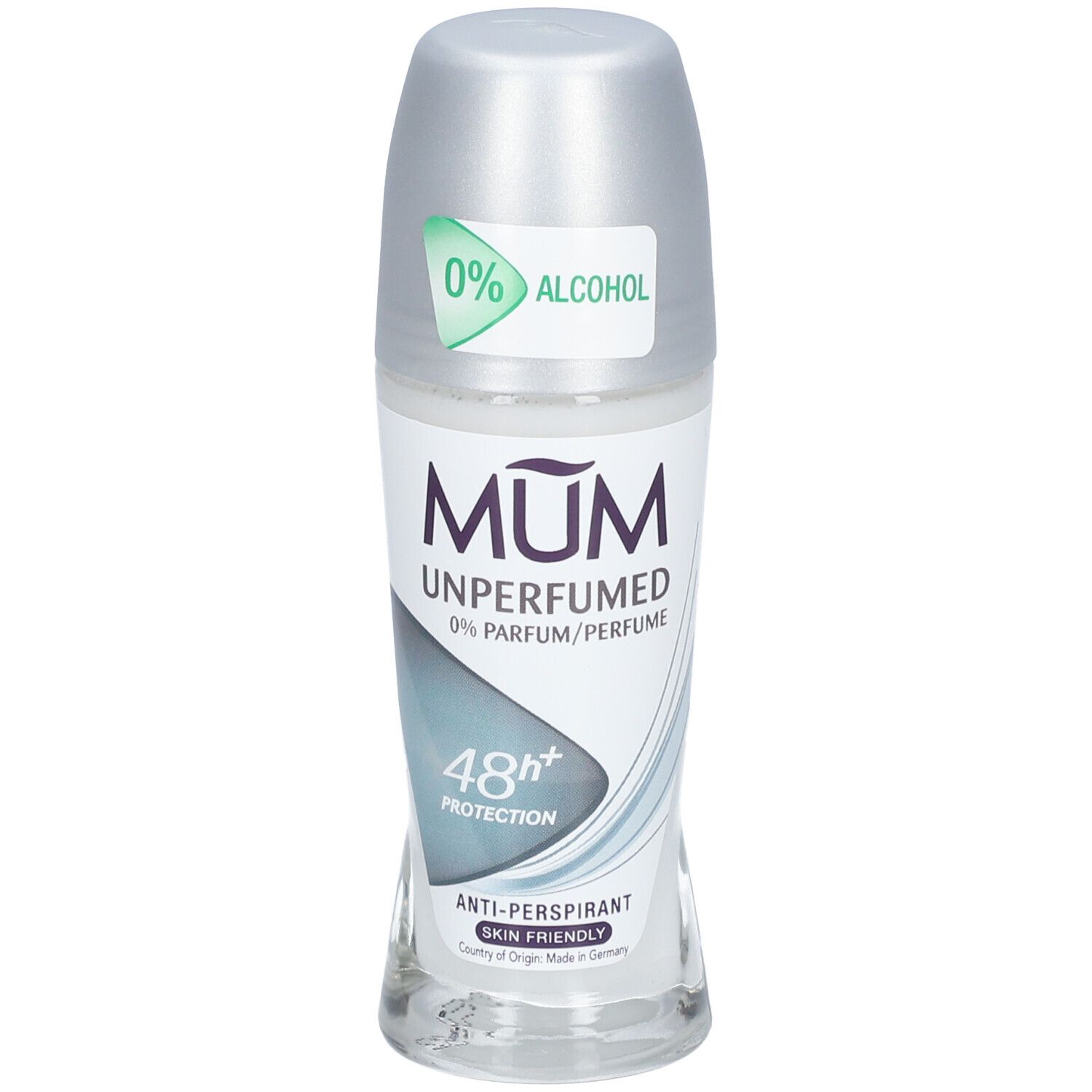 Déodorant roll-on avec bouchon argenté. Inscription: MUM Unperfumed, 0% Parfum/Parfum, 48h+ Protection, Anti-transpirant, Skin Friendly.
