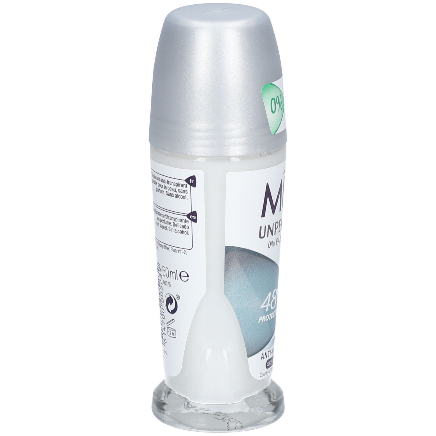 Déodorant roll-on, vue arrière. Bouchon argenté, flacon transparent. Inscription: MUM Unperfumed, 0% Parfum/Parfum. Texte multilingue.