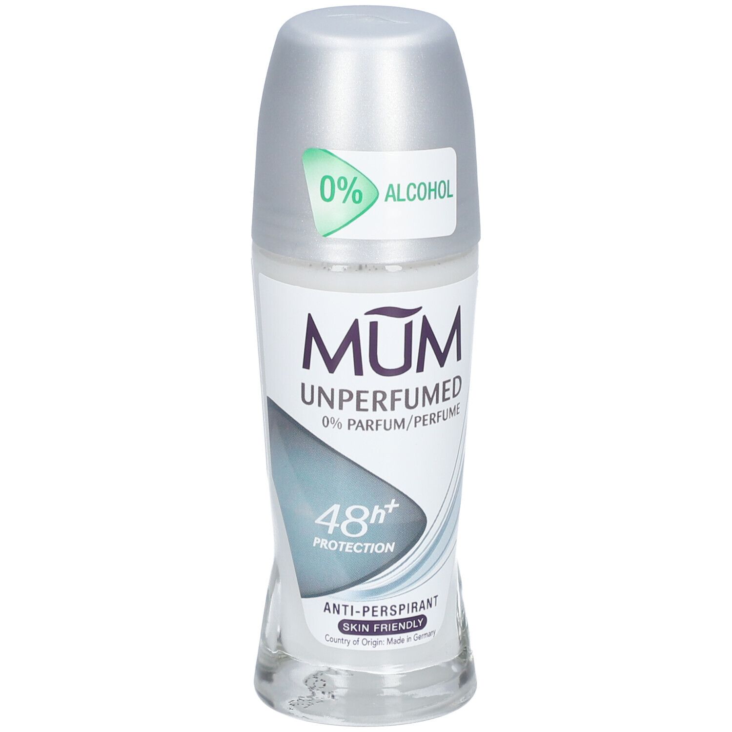 Déodorant roll-on avec bouchon argenté. Inscription: MUM Unperfumed, 0% Parfum/Parfum, 48h+ Protection, Anti-transpirant, Skin Friendly. 0% Alcool.