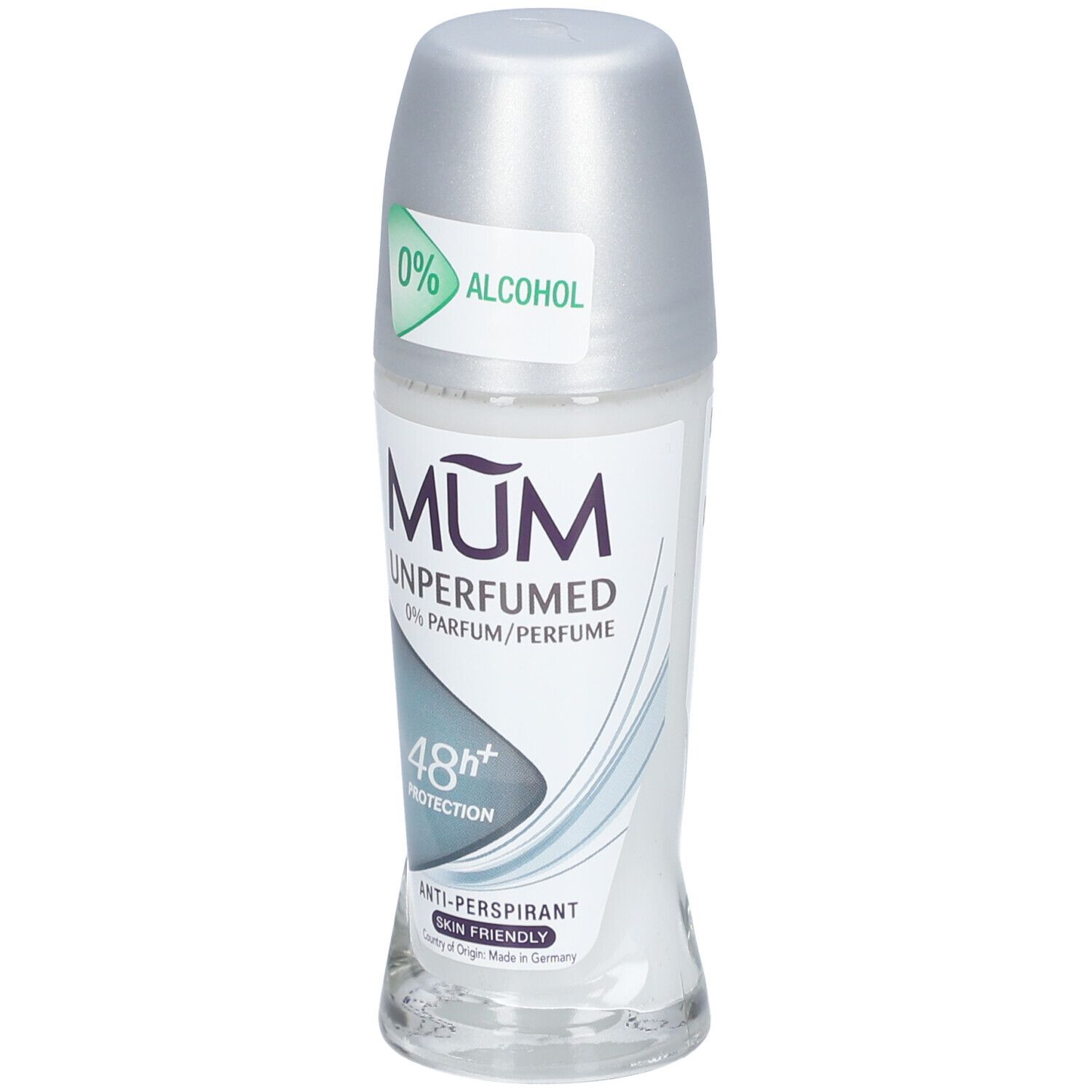 Déodorant roll-on avec bouchon argenté. Inscription: MUM Unperfumed, 0% Parfum/Parfum, 48h+ Protection, Anti-transpirant, Skin Friendly. 0% Alcool.