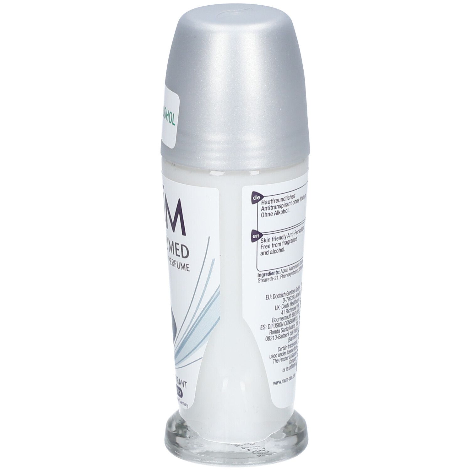 Vue arrière d'un déodorant roll-on. Bouchon argenté, flacon transparent. Inscription: MUM Unperfumed. Texte multilingue.