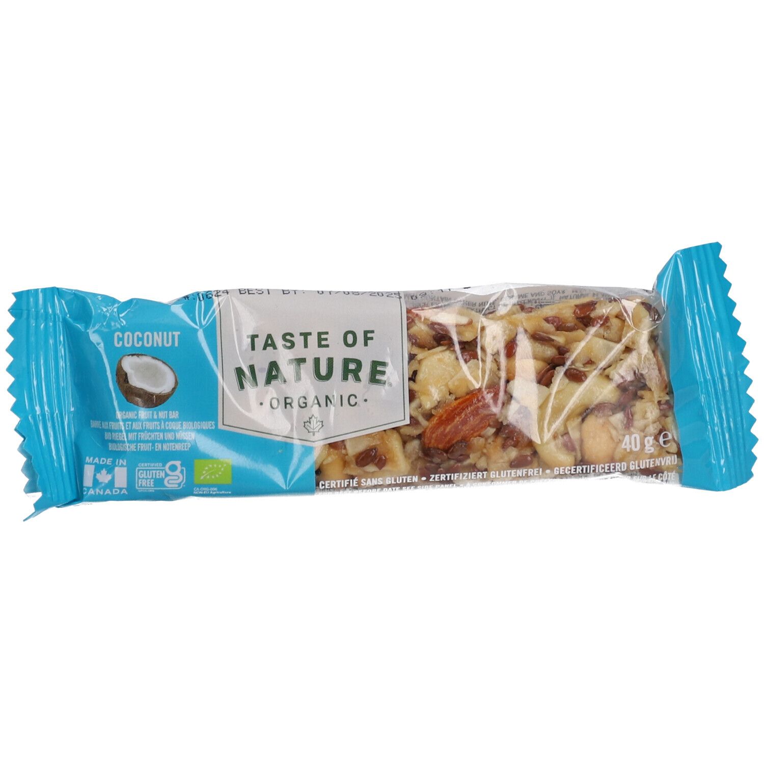 Riegel in transparenter Folie. Aufschrift: Taste of Nature Organic. Kokosnuss-Abbildung. Bio-Siegel. 40 g.
