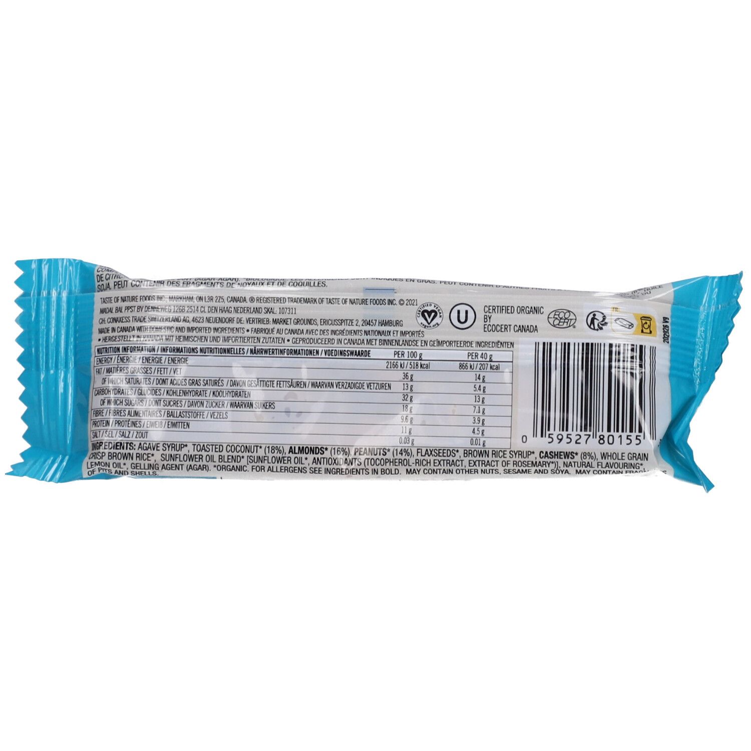 Rückseite des Riegels. Zutatenliste und Nährwertangaben. Bio-Siegel. Barcode.