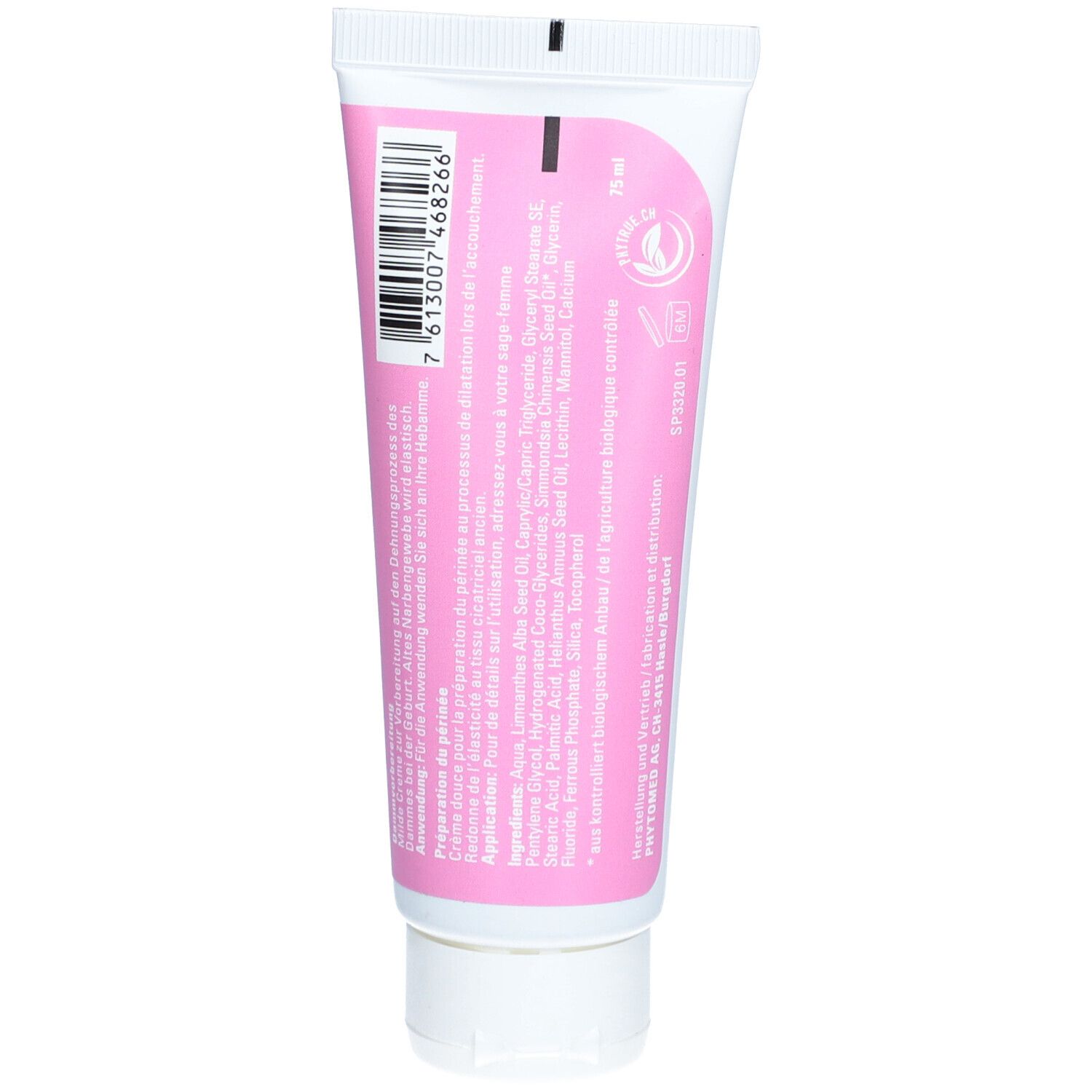 Rückseite der rosa Tube. Barcode, Text mit Inhaltsstoffen und Anwendungshinweisen. Vegan-Siegel.