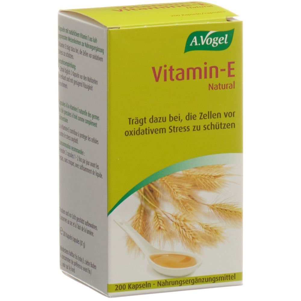 A. Vogel Vitamin-E, gelbe Schachtel. Aufschrift: Vitamin-E Natural. Enthält 200 Kapseln. Mit Weizenähren und Öl.