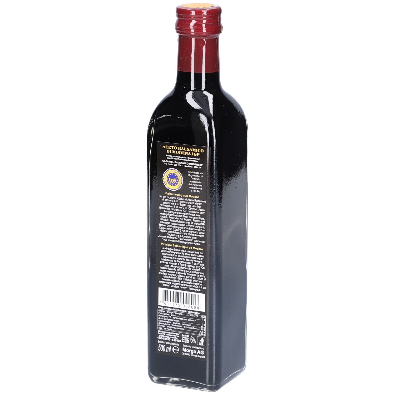 Rückseite einer Flasche Morga Balsamico-Essig aus Modena, biologisch angebaut, IGP-Siegel.