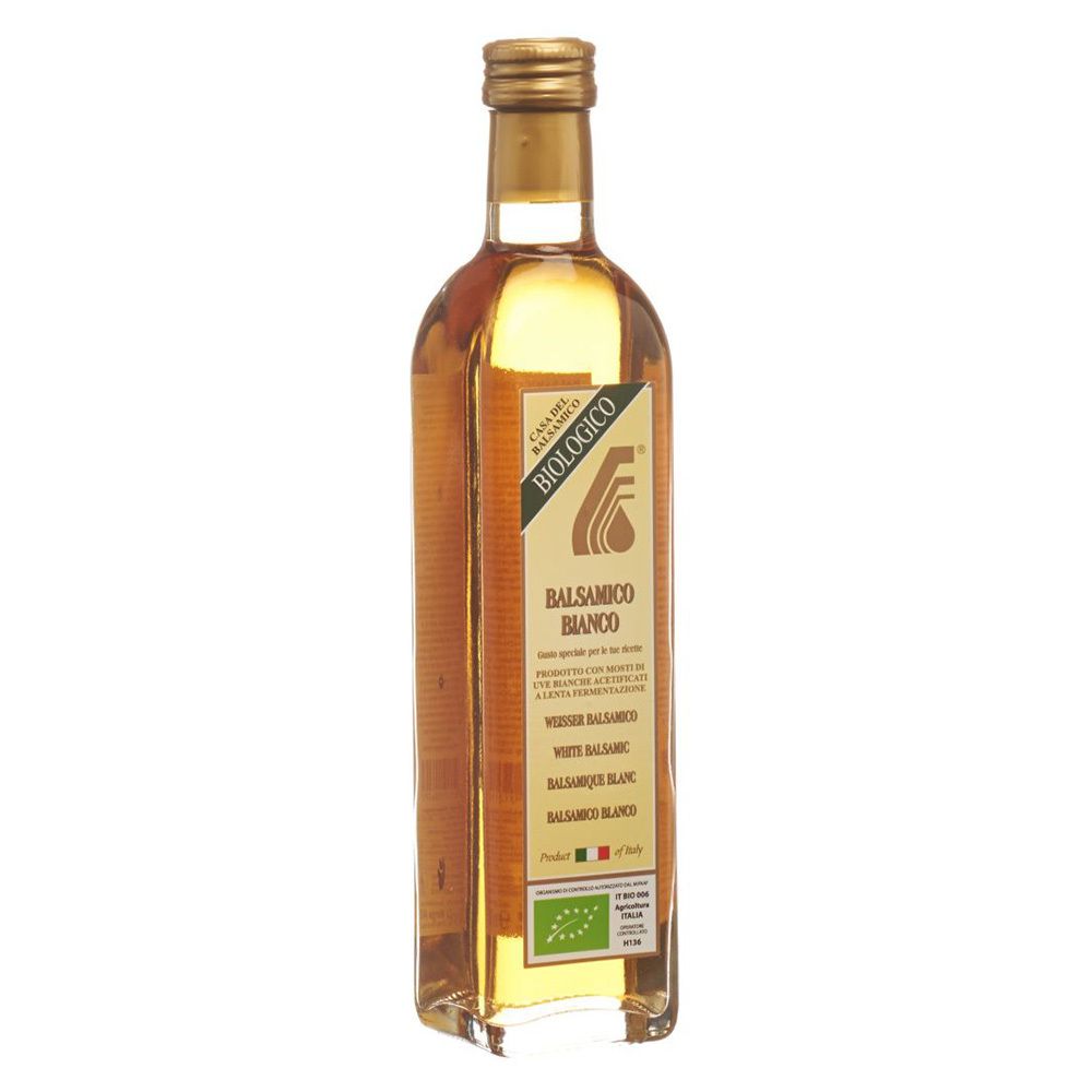 Glasflasche mit Balsamico Bianco. Etikett mit Produktbezeichnung und Bio-Siegel. Goldfarbener Verschluss.