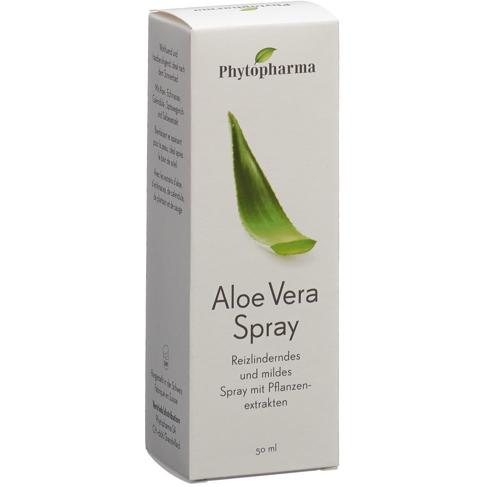 Weiße Schachtel mit Aloe Vera Spray. Logo: Phytopharma. Text: Aloe Vera Spray, reizlindernd, mild, mit Pflanzenextrakten.