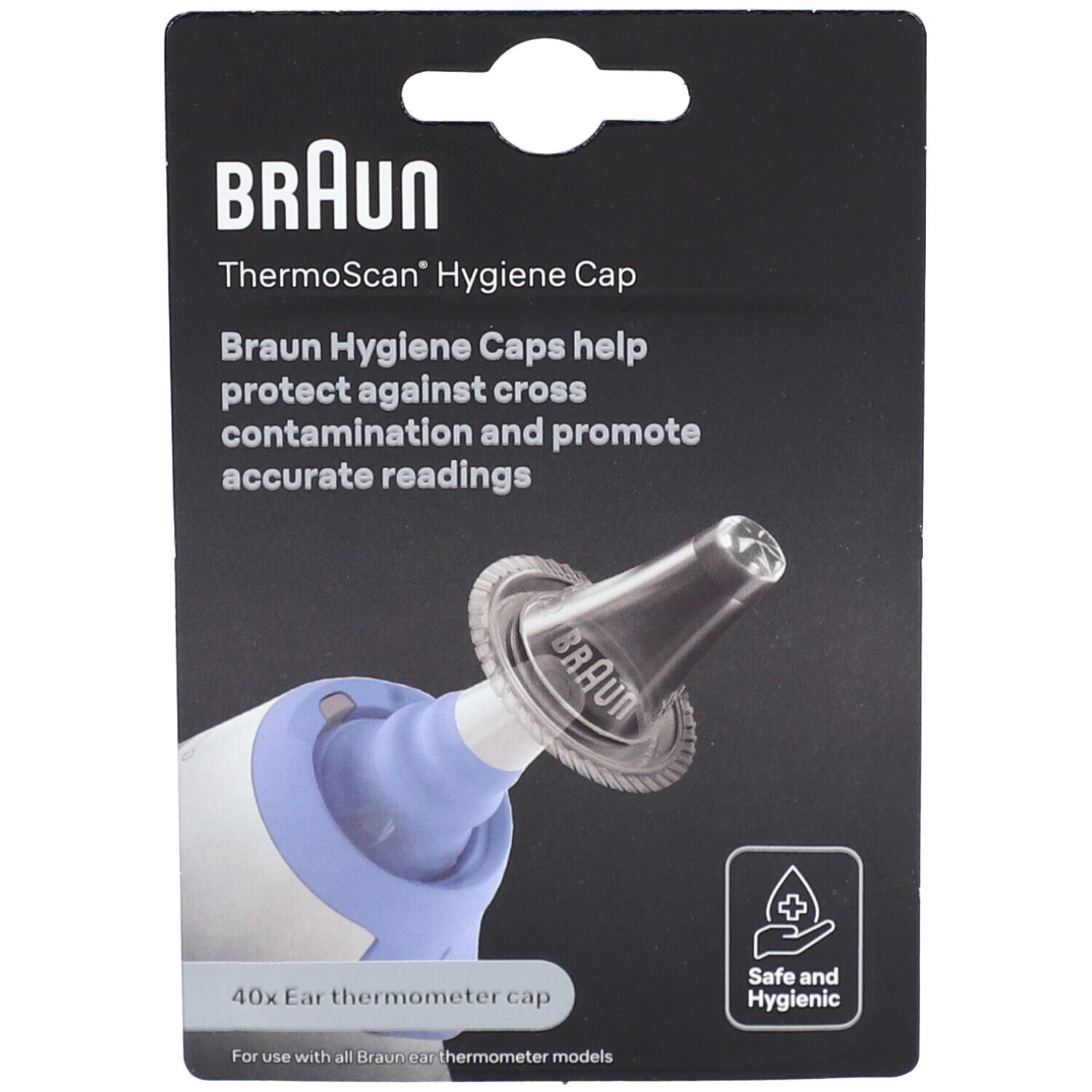 Verpackung mit BRAUN ThermoScan® Hygiene Cap. Gezeigt wird ein Thermometeraufsatz und Text: "Safe and Hygienic".