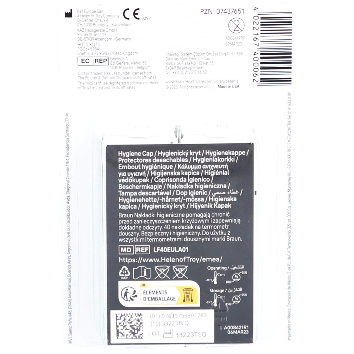 Rückseite der Verpackung von BRAUN ThermoScan® Embout hygiènique. Text und Symbole.