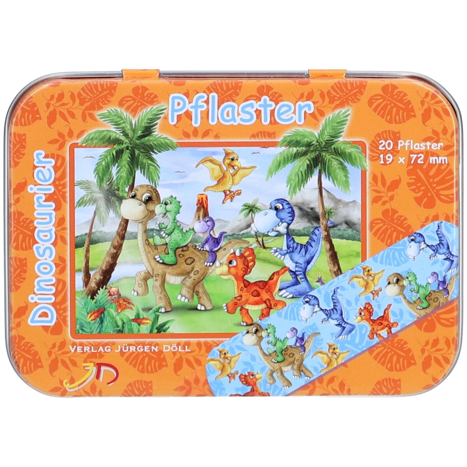 DÖLL® Pflaster-Box mit Dinosaurier-Motiv. Enthält 20 Pflaster 19 x 72 mm. Orangefarbene Metallbox mit Palmen und Dinosauriern.