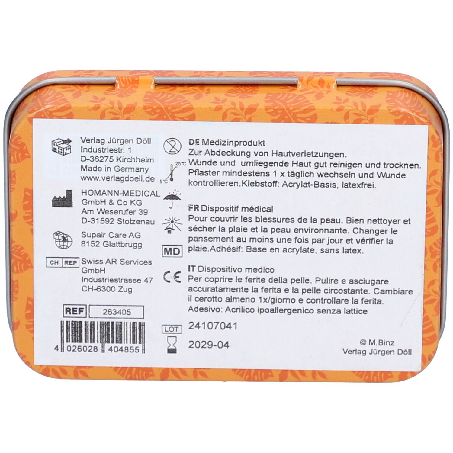 Rückseite der DÖLL® Pflaster-Box. Text in Deutsch, Französisch und Italienisch. Medizinprodukt. Herstellerinformationen und Chargennummer.