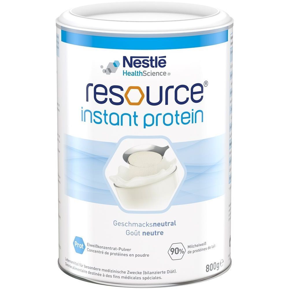 Weißes RESOURCE® Instant Protein-Pulver in Dose. Nestle Health Science Logo. Aufschrift: Geschmacksneutral, 800g.