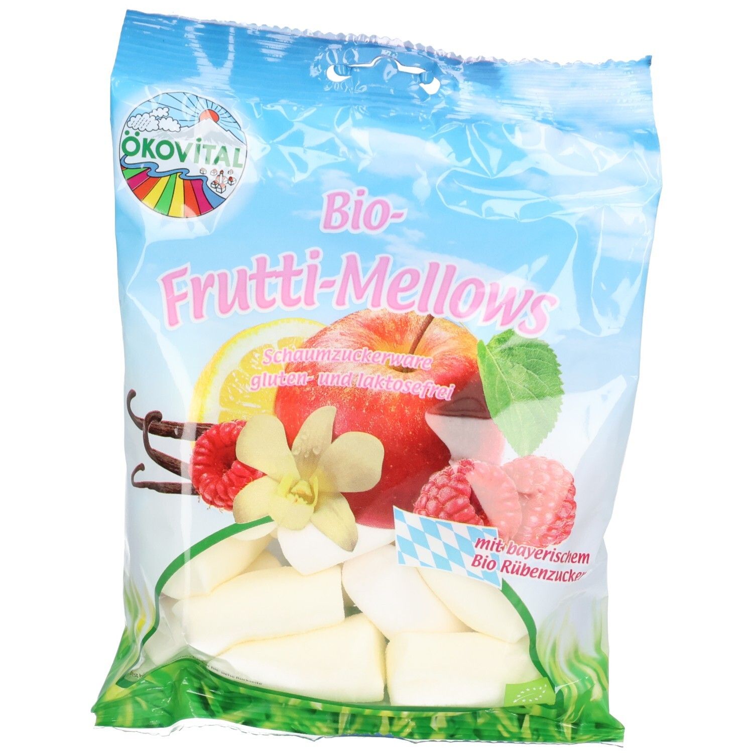 Verpackung mit Ökovital Bio-Frutti-Mellows Marshmallows. Aufdruck mit Produktnamen, Früchten und Marshmallows. Grün-weißes Etikett mit Text.
