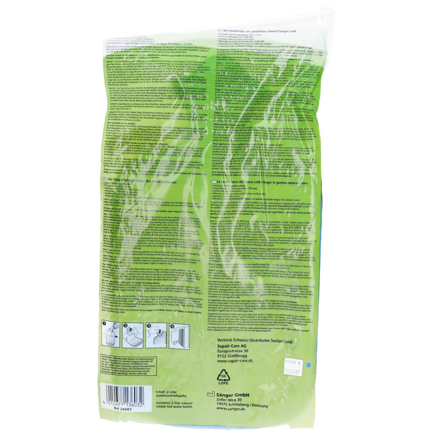 Rückseite der Verpackung der Wärmflasche. Text und Piktogramme auf grünem Hintergrund. Herstellerinformationen.