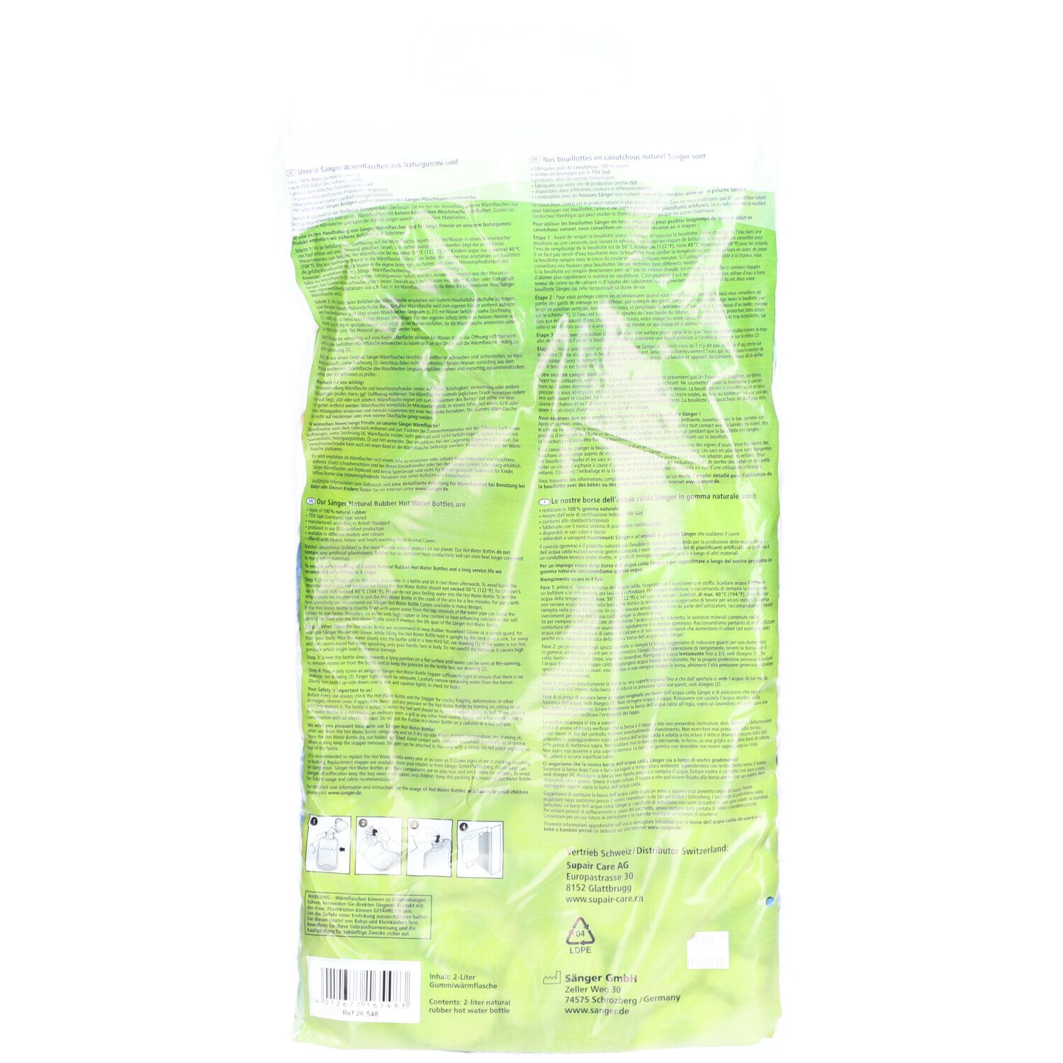 Rückseite der Folienverpackung. Text und Piktogramme auf grünem Hintergrund. Barcode unten links.