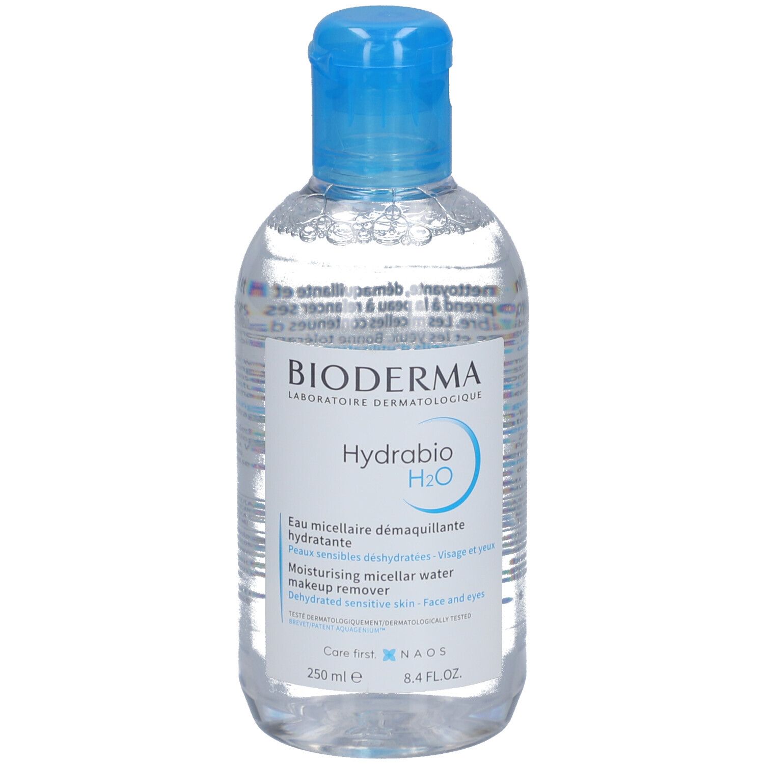 Klare Flasche mit blauem Deckel. Aufschrift: Bioderma Hydrabio H2O. Mizellares Reinigungswasser für dehydrierte Haut.