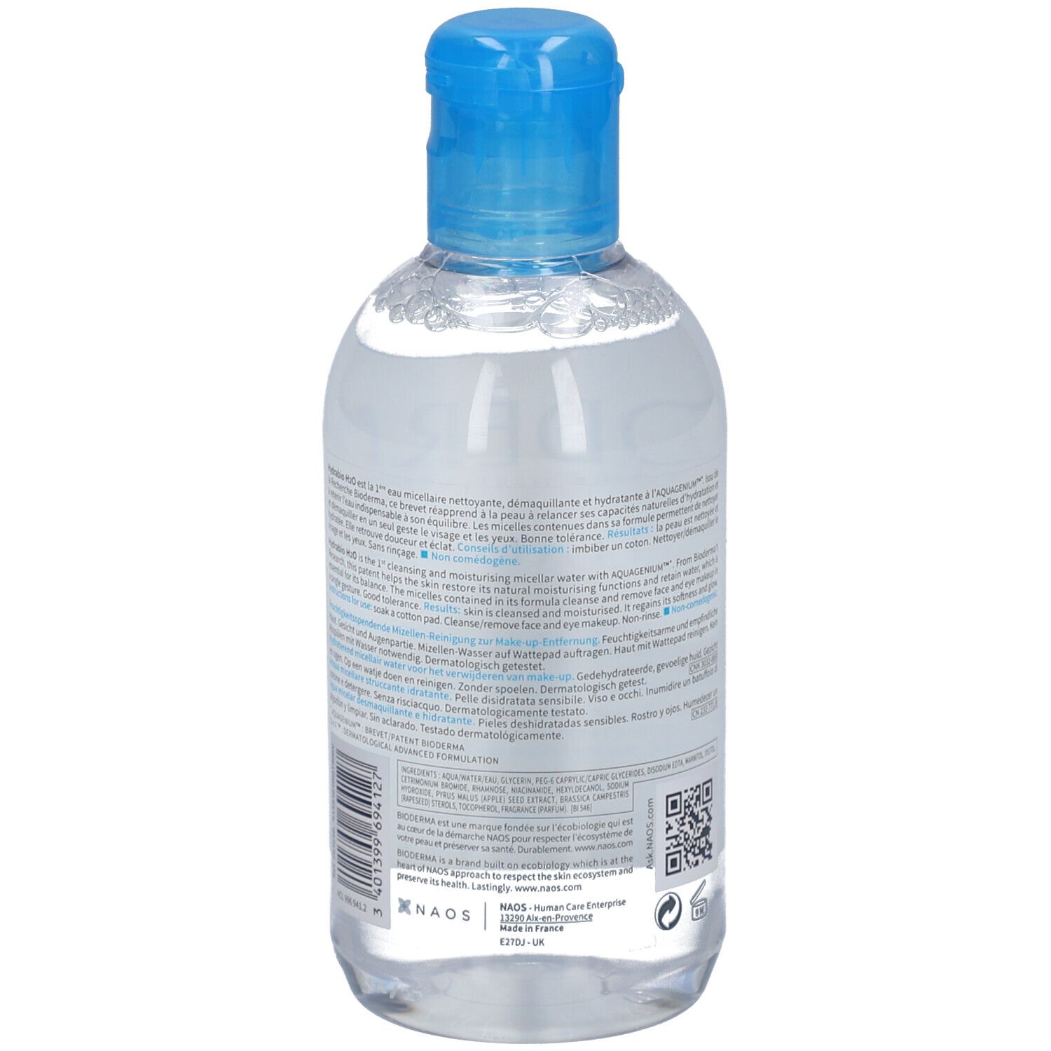 Rückseite der Flasche. Text in mehreren Sprachen. QR-Code und Barcode. Flasche mit blauem Deckel.