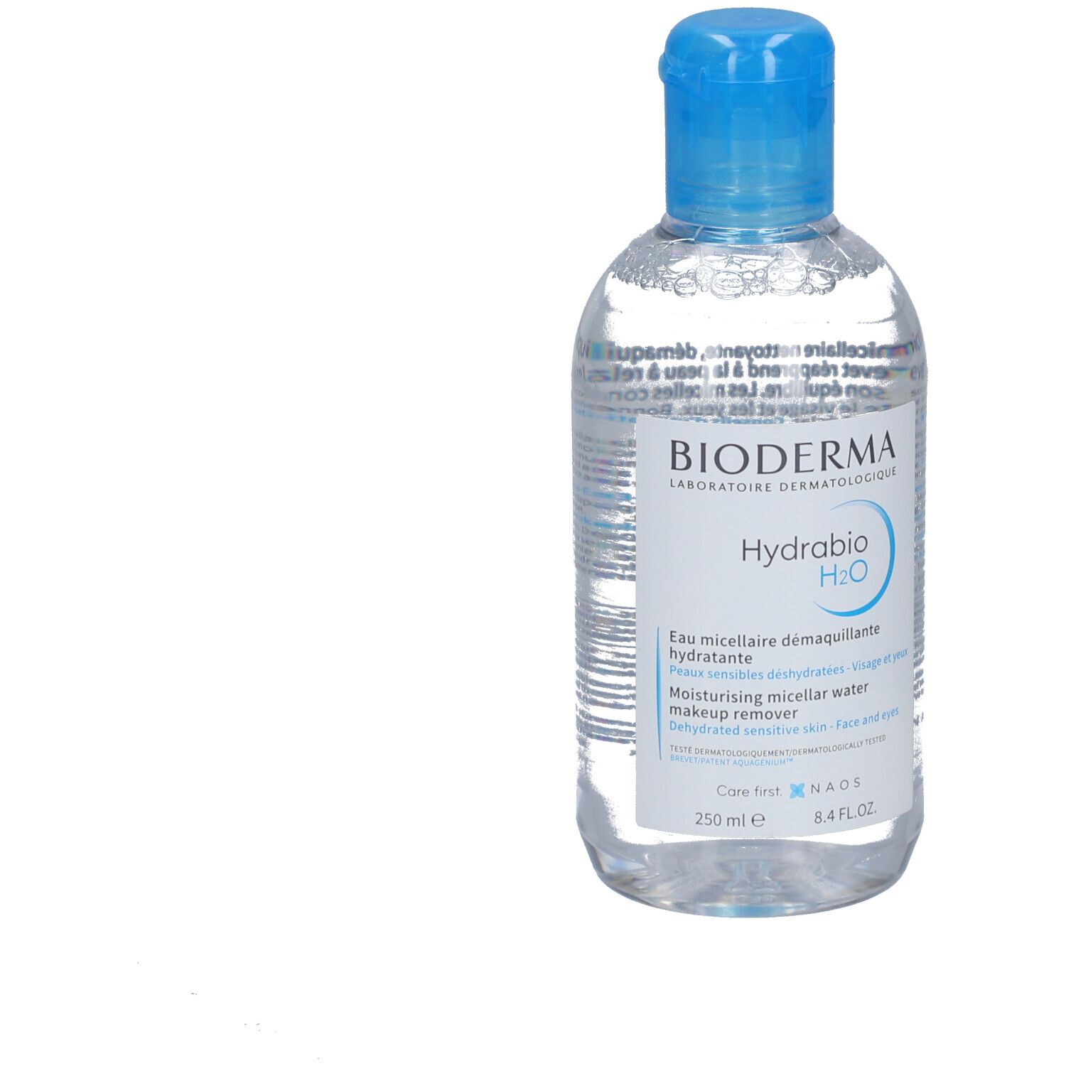 Klare Flasche mit blauem Deckel. Aufschrift: Bioderma Hydrabio H2O. Mizellares Reinigungswasser.