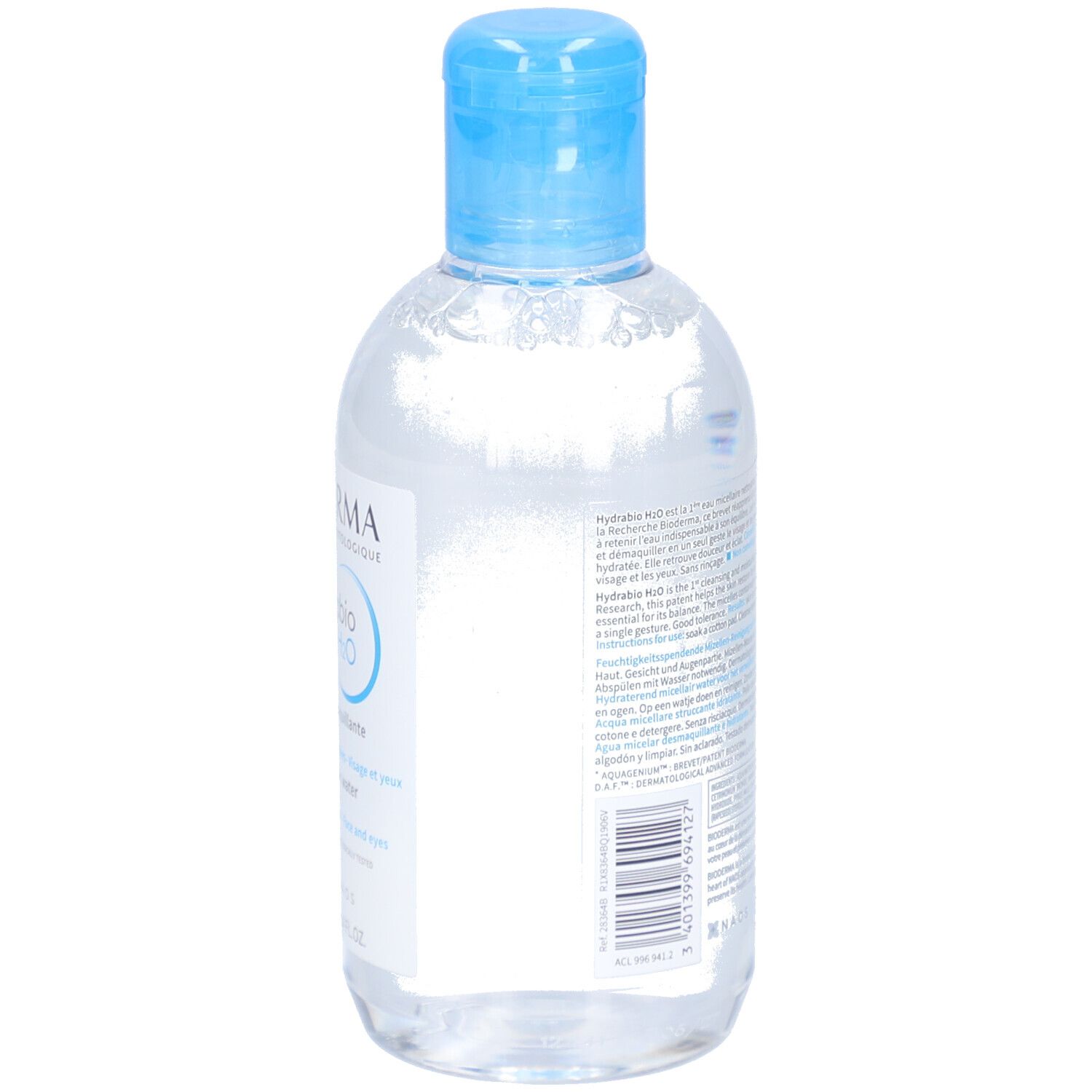 Rückseite der Flasche. Text in mehreren Sprachen. QR-Code und Barcode. Flasche mit blauem Deckel.
