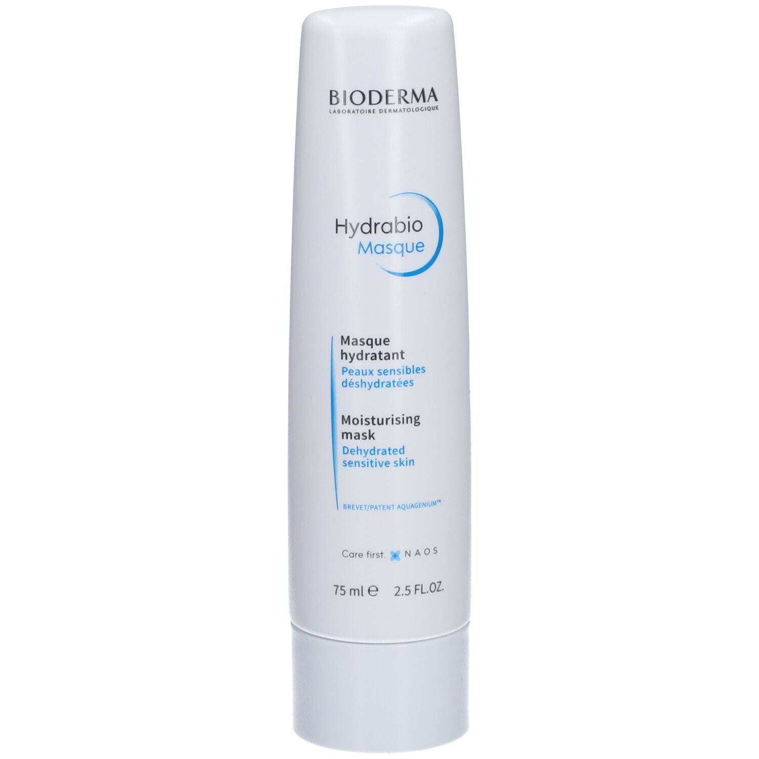 Weiße Tube mit blauem Etikett. Aufschrift: BIODERMA, Hydrabio Masque, Moisturising mask. 75 ml.