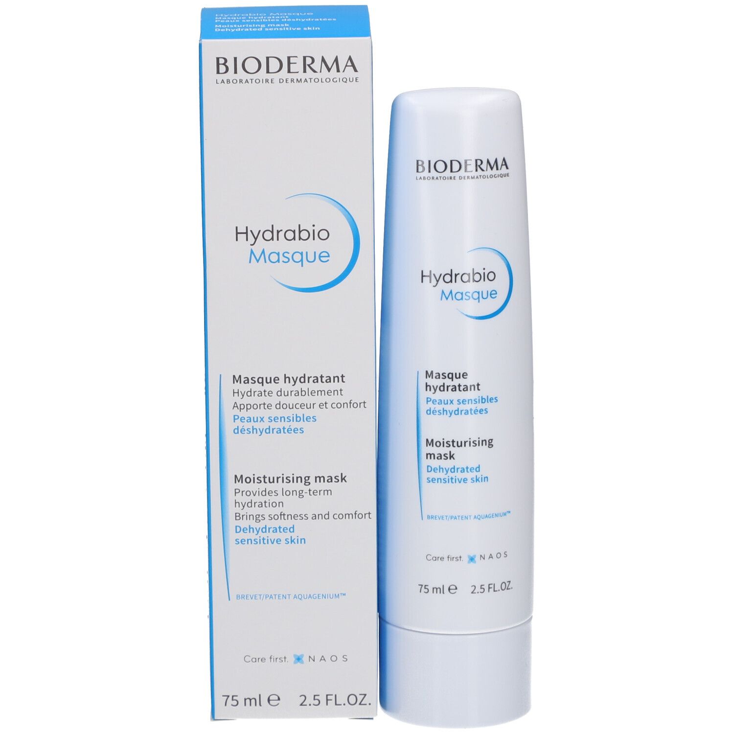 Produktverpackung mit Tube. Karton und Tube mit BIODERMA, Hydrabio Masque. 75 ml.