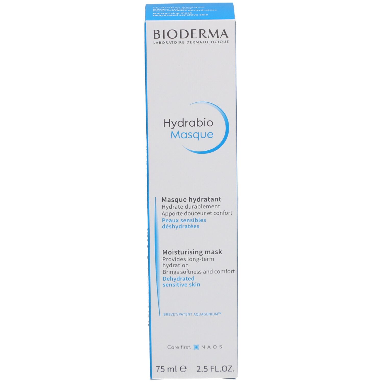 Produktverpackung. Blauer Karton mit BIODERMA, Hydrabio Masque. 75 ml.